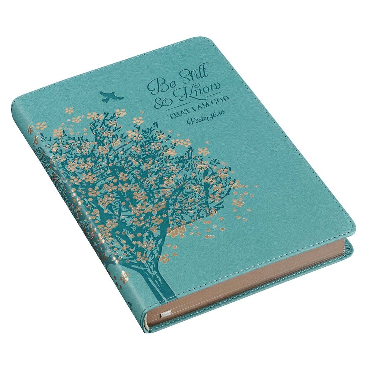 Teal notebook journal with floral tree design and text on a white background