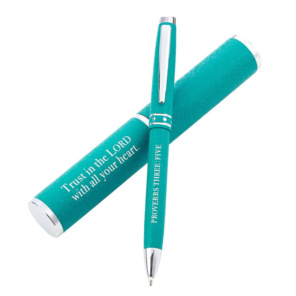 Teal pen and case with motivational Bible quote on a white background