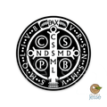 Circular logo with cross and initials on a white background.St. Benedict Medal Waterproof Sticker
