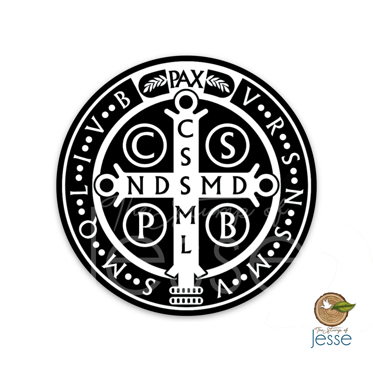 Circular logo with cross and initials on a white background.St. Benedict Medal Waterproof Sticker