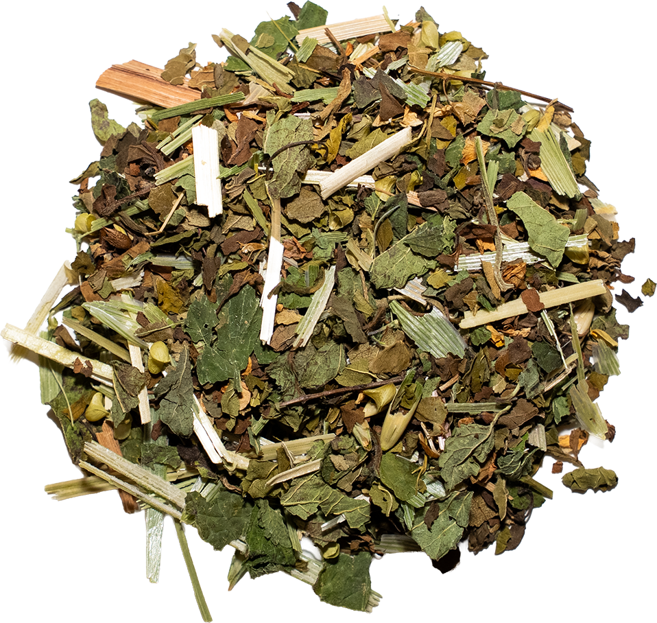A pile of loose dried herbal tea or botanical blend made up of mixed green, brown, tan, and off-white leaves, stems, and bark pieces on a plain white background.