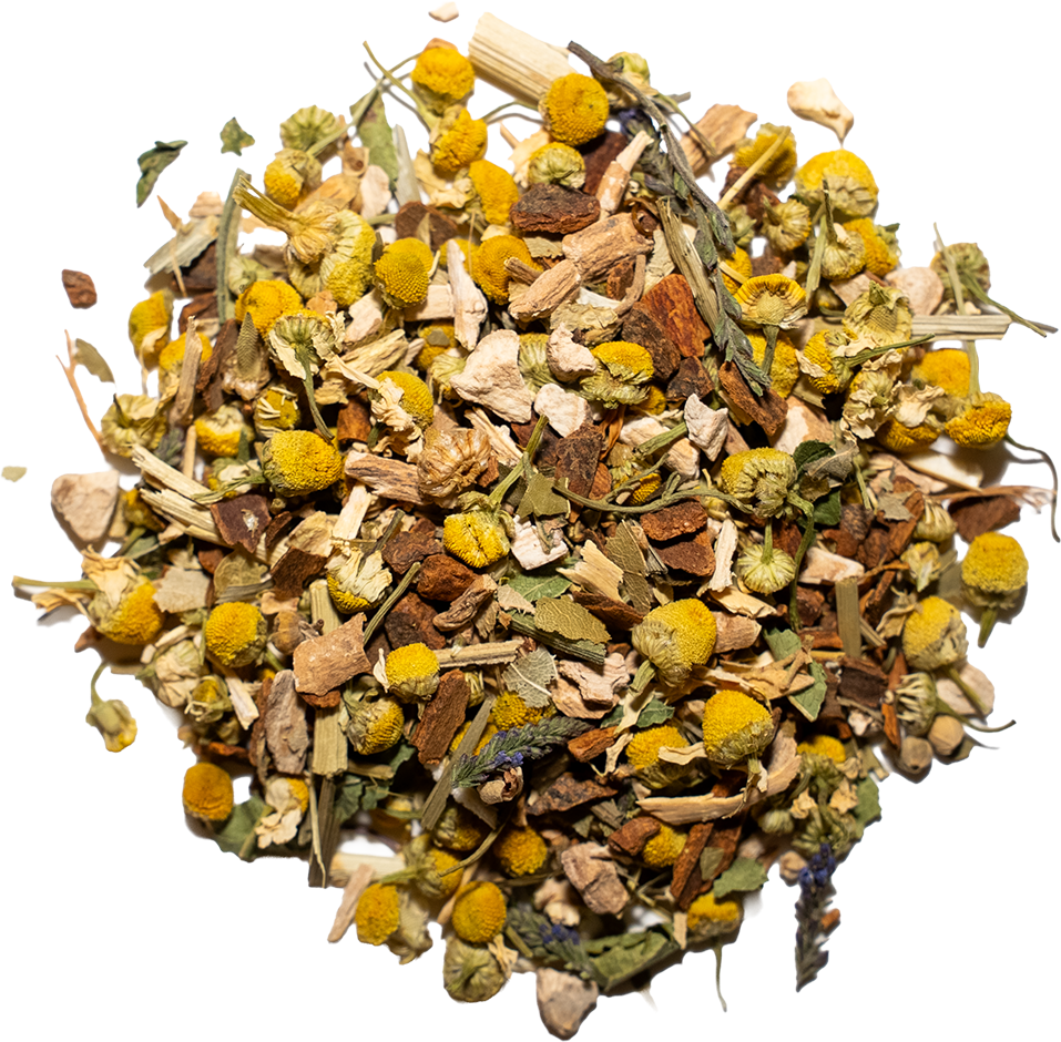 A pile of loose-leaf herbal tea or chamomile tea blend on a plain white background, showing dried yellow flowers, green leaves, and brown roots.