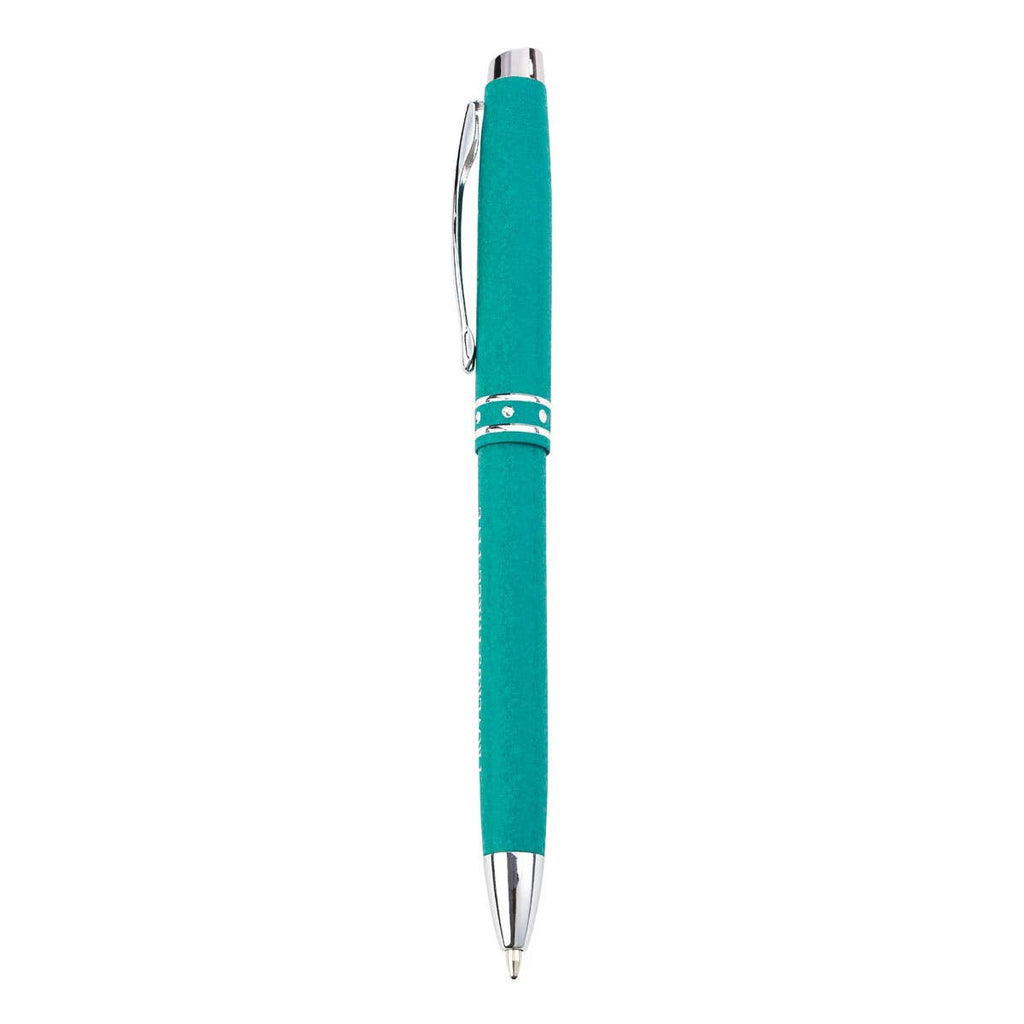Turquoise pen with silver accents on a white background
