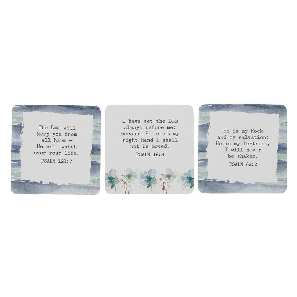 Three cards with biblical verses on a white background