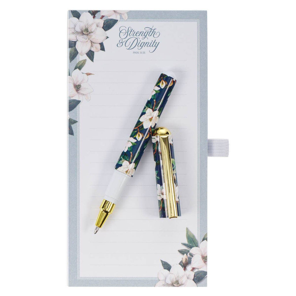 Floral pen and gold pen in a decorative box with 'Strength & Dignity' text.