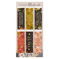 Set of six magnetic bookmarks with motivational Bible quotes and floral designs on a white background.