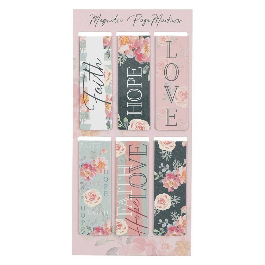 Set of magnetic page markers with floral and motivational text design on a pink background.