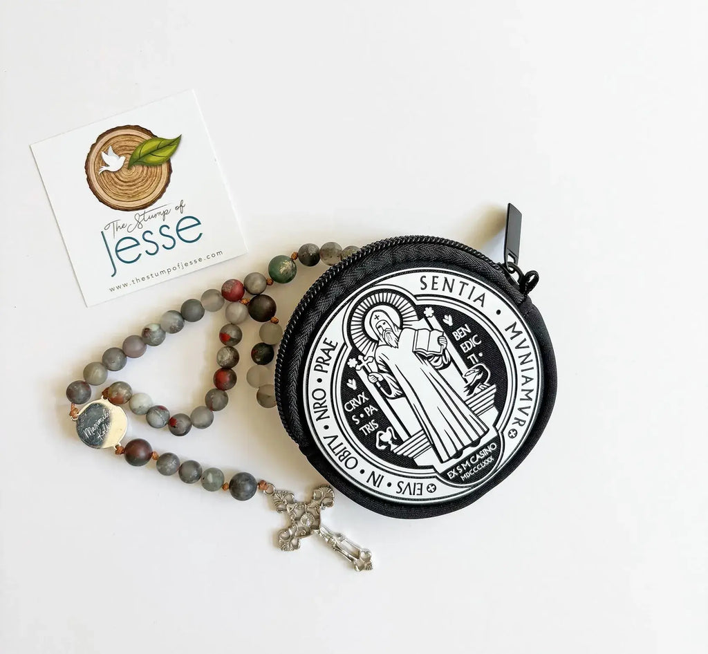St. Benedict Medal Rosary Pouch with a black and white circular case on a white background