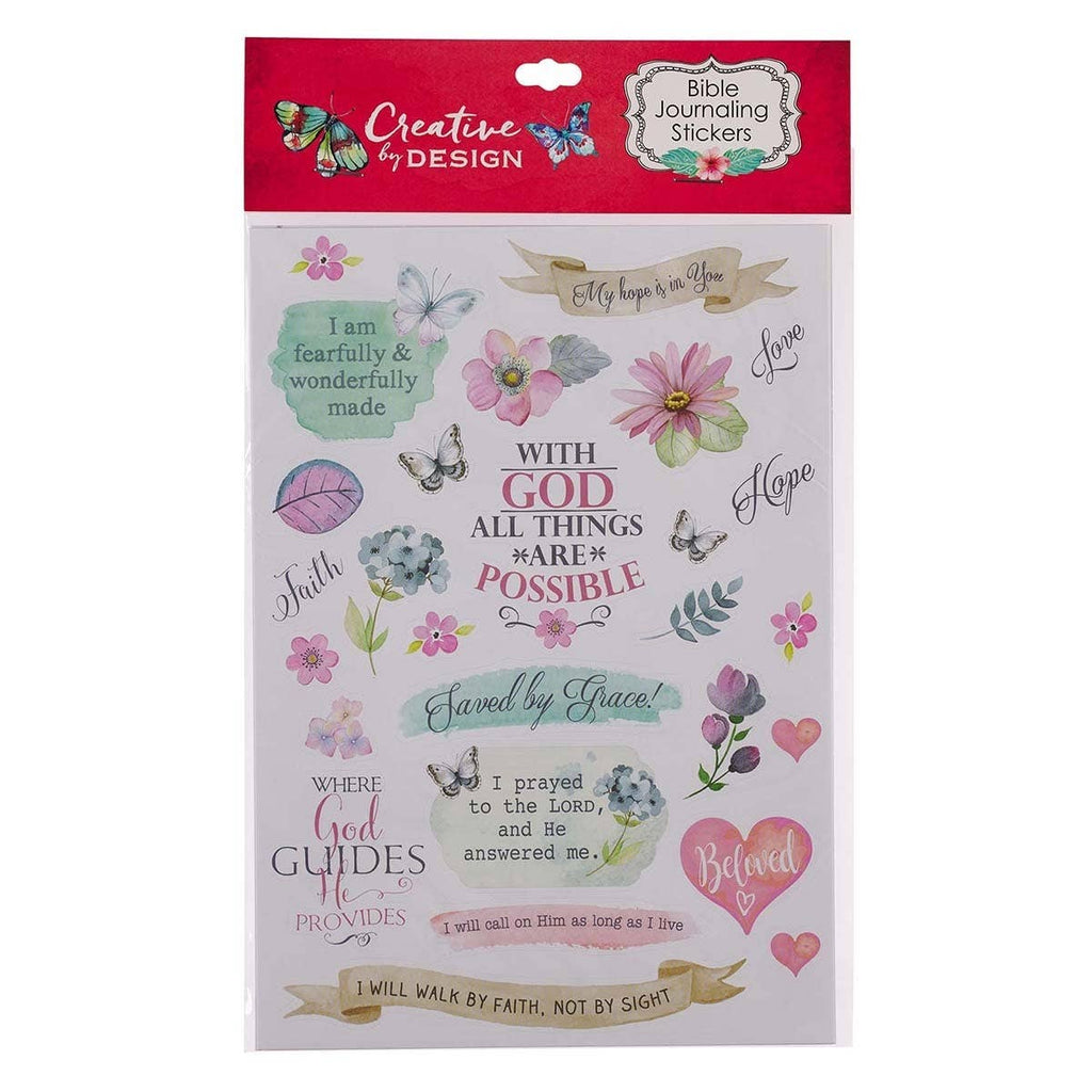 Pack of Creative by Design Bible Journaling Stickers with motivational phrases and illustrations.