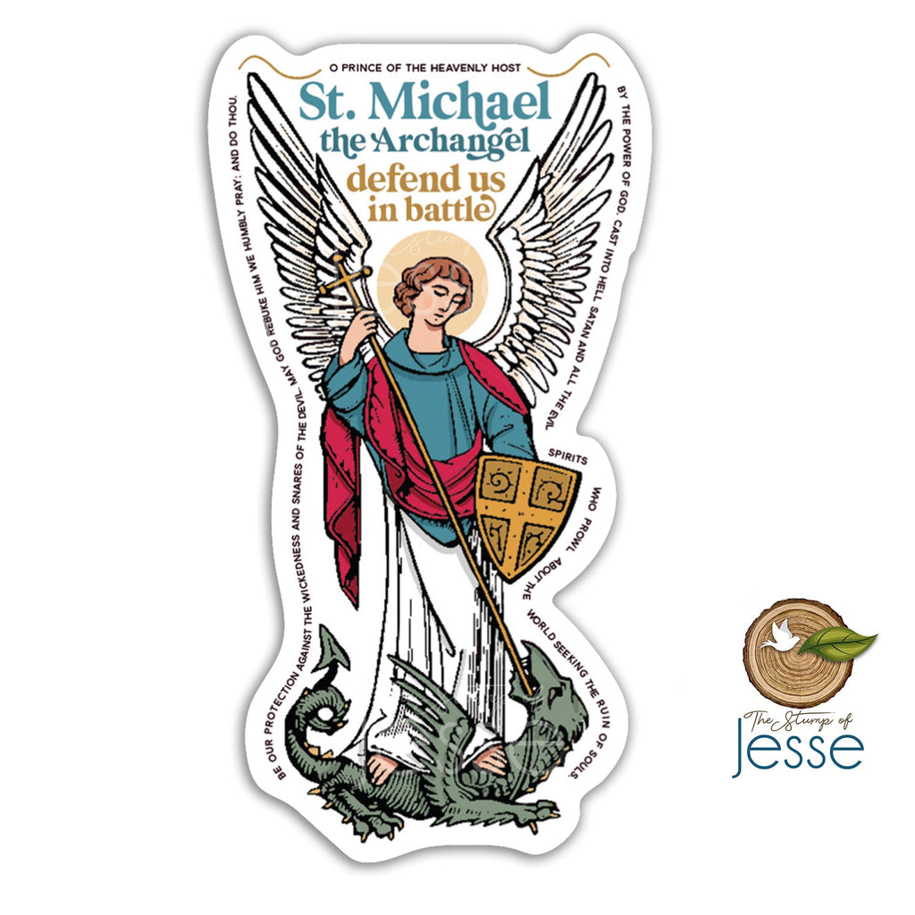 A die-cut sticker featuring a detailed illustration of St. Michael the Archangel defeating satan