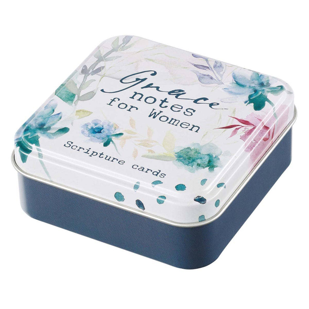 Tin box with 'Grace Notes for Women' Scripture cards on a white background