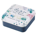Tin box with 'Grace Notes for Women' Scripture cards on a white background