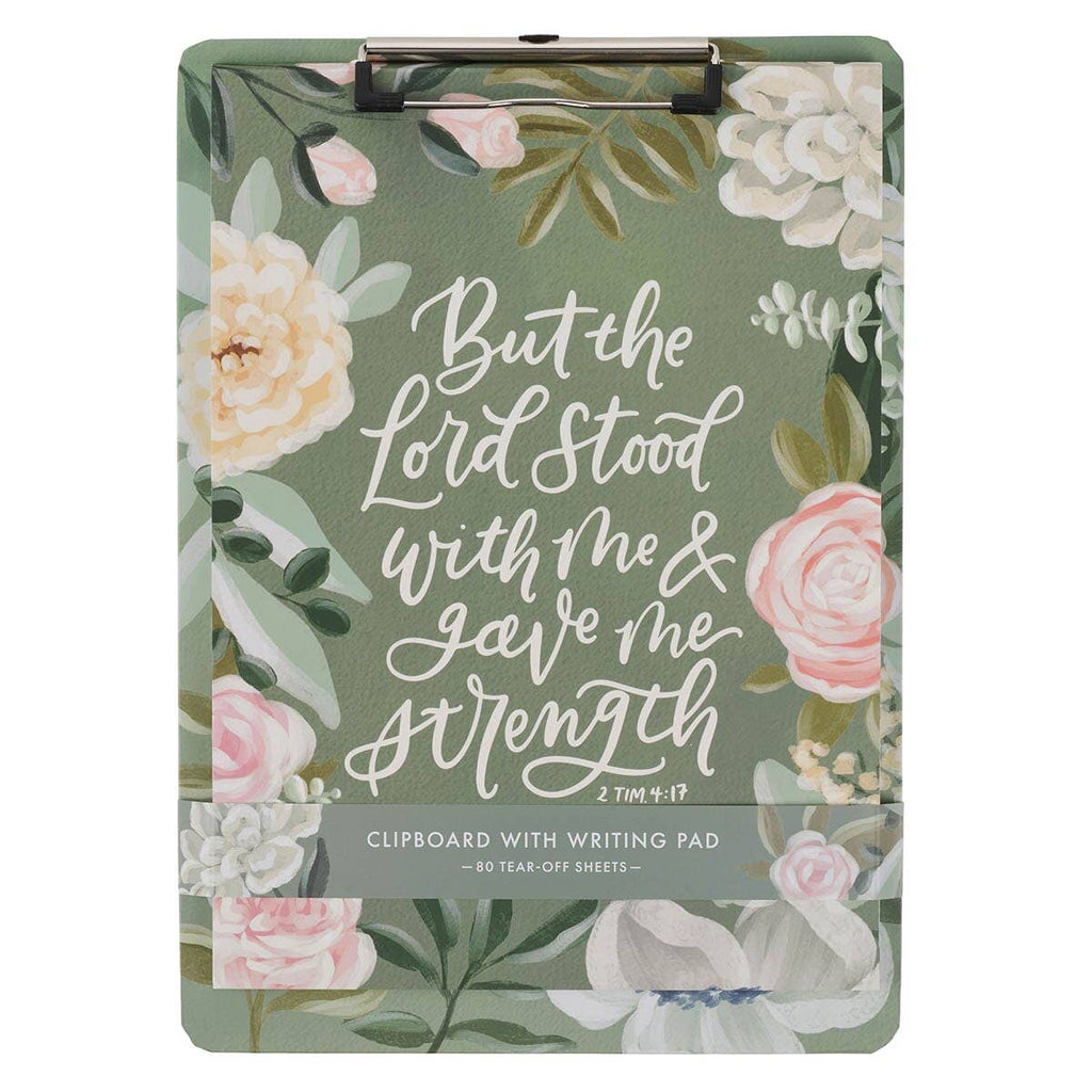 Clipboard with floral design and motivational Bible quote on a white background