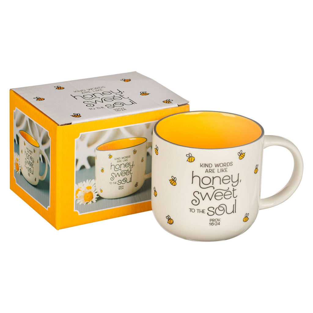Mug with yellow interior and 'honey sweet soul' text, displayed with packaging.